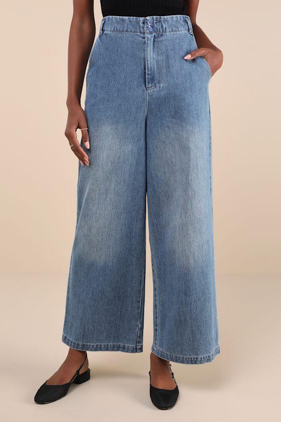 Trending Outlook Medium Wash High-Rise Wide-Leg Jeans Product Image