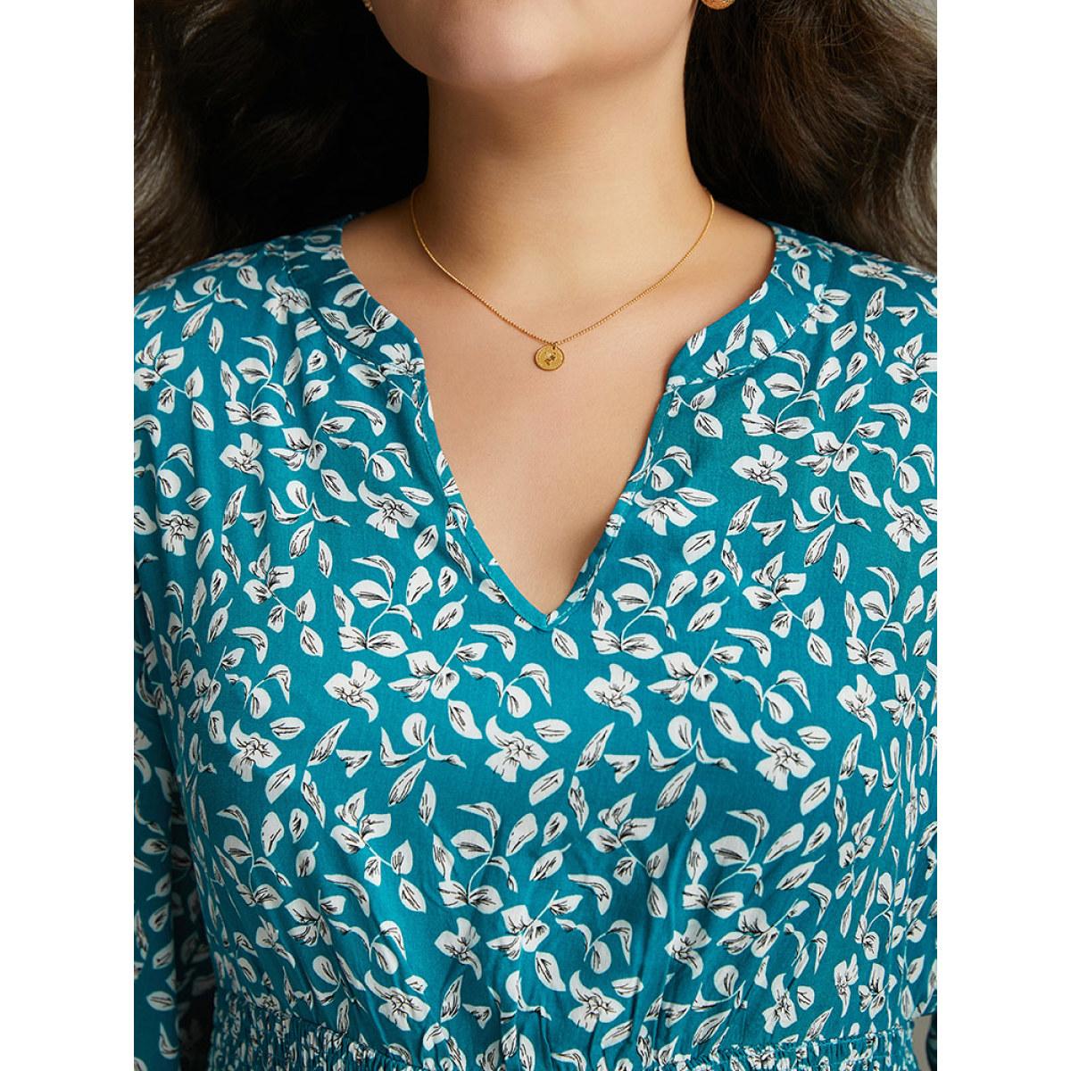 Plus Size Supersoft Essentials Ditsy Floral Shirred Pocket Dress Cerulean Women Elegant Elastic cuffs V-neck Long Sleeve Curvy Midi Dress BloomChic 26/4X Product Image