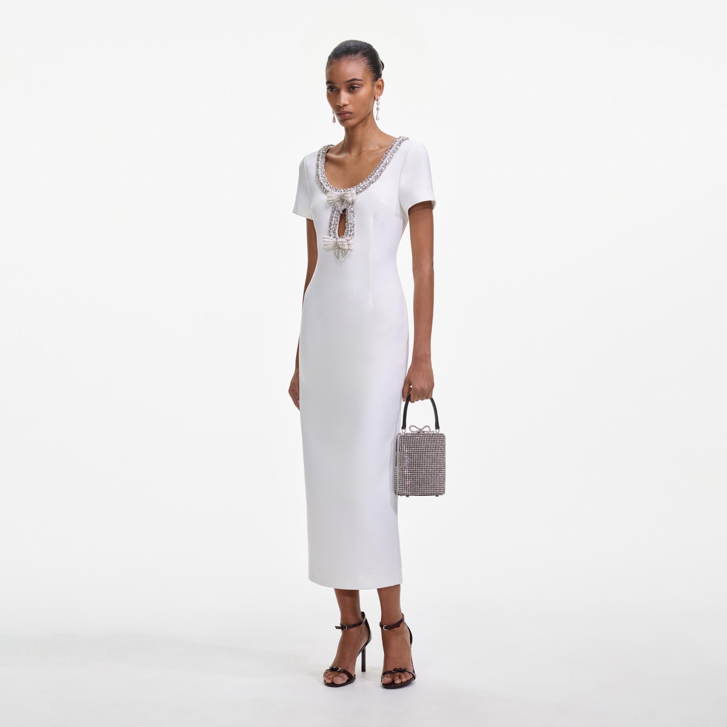 White Crepe Bow Midi Dress Product Image