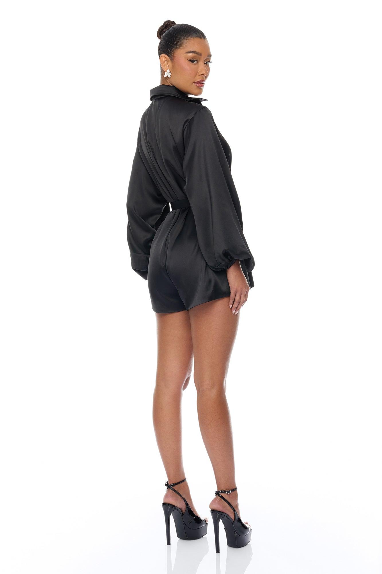 Izabel Balloon Sleeve Satin Romper - Black Female Product Image