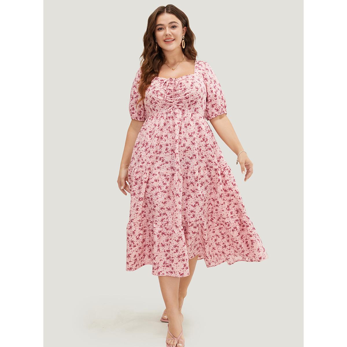 Plus Size Ditsy Floral Ruffle Tiered Pocket Ruched Puff Sleeve Drawstring Dress Watermelon Women Elegant Non Square Neck Short sleeve Curvy BloomChic 22-24/3X Product Image