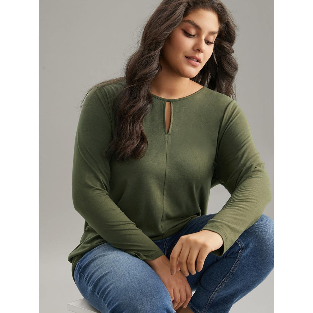 Plus Size Plain Cut Out Round Neck Knit T-shirt ArmyGreen Women Elegant Cut-Out Plain Round Neck Dailywear T-shirts BloomChic 12/L Product Image