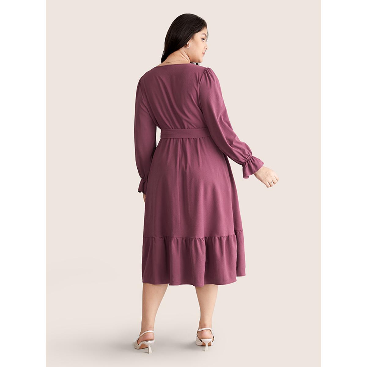 Plus Size Button Detail Belted Ruffle Layered Hem Dress Mauve Women Work From Home Plain V-neck Long Sleeve Curvy Midi Dress BloomChic 28/5X Product Image