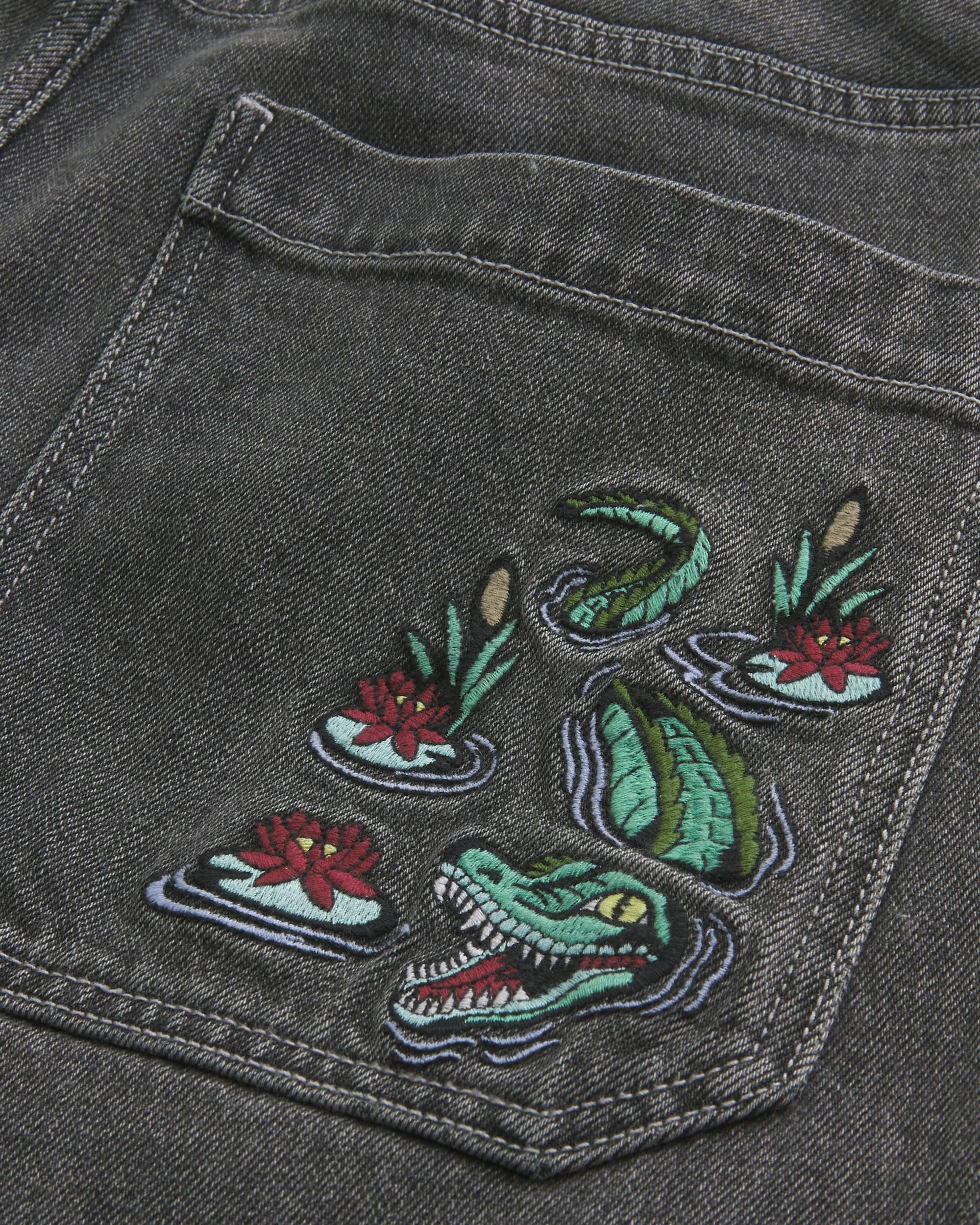 Washed Black Embroidered Baggy Jeans Product Image