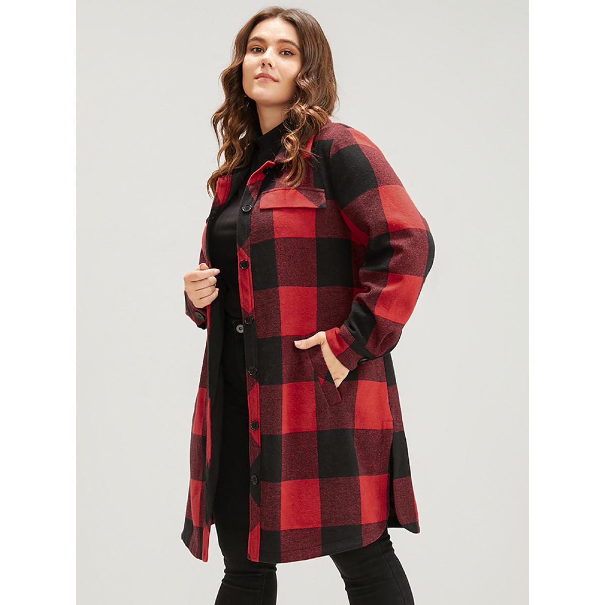 Plus Size Plaid Pocket Button Up Belted Coat Women Red Elegant Cross straps Ladies Dailywear Winter Coats BloomChic 26/4X Product Image