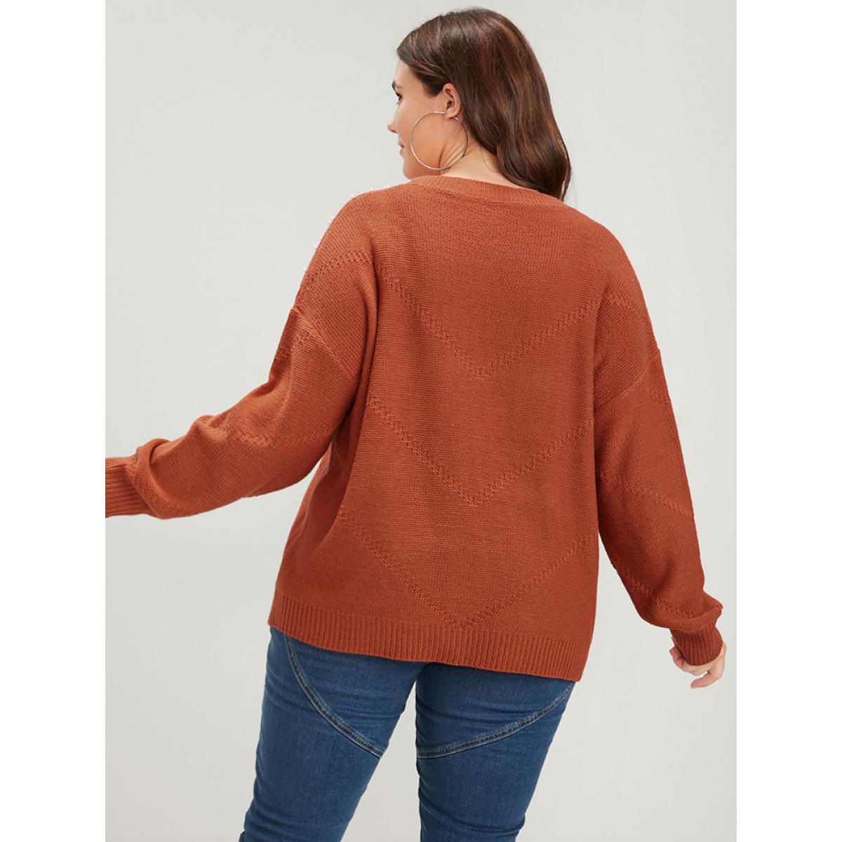 Plus Size Solid Pointelle Knit Pearls Beaded Knit Top Rust Women Casual Loose Long Sleeve Round Neck Dailywear Pullovers BloomChic 14-16/1X Product Image