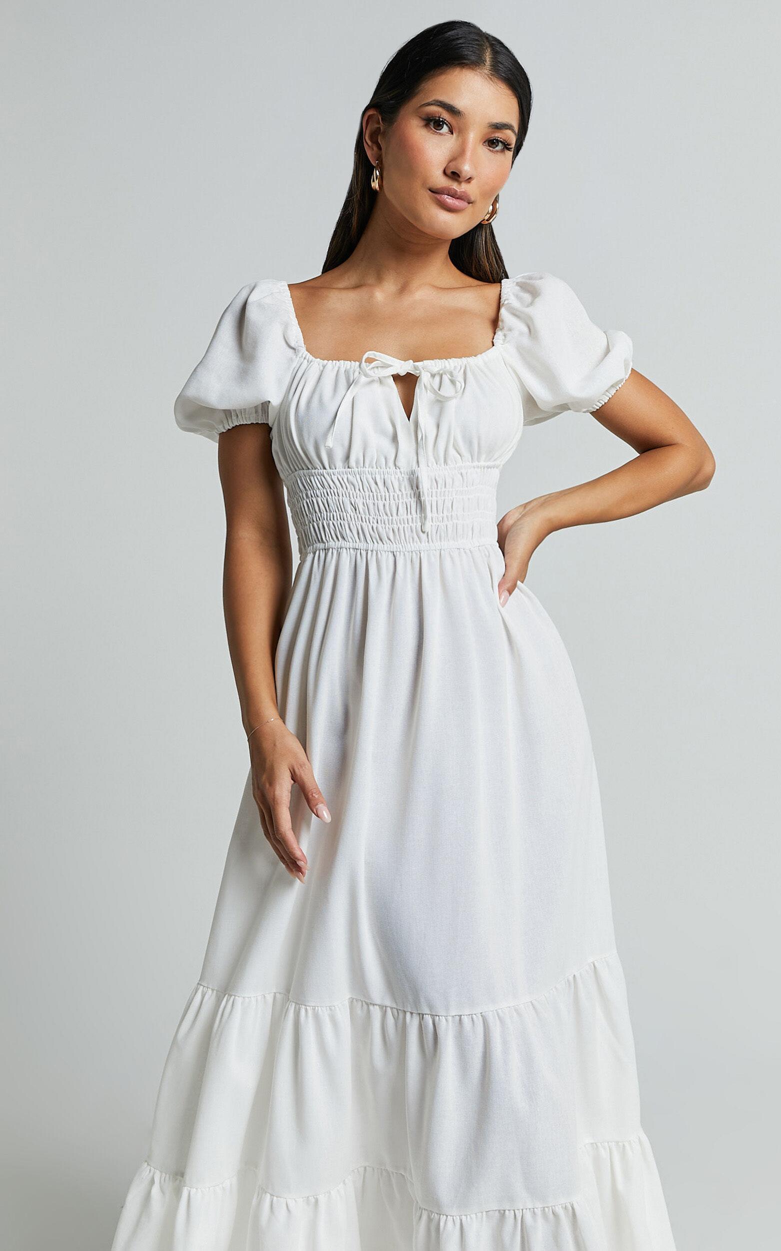 Claritza Midi Dress - Linen Look Short Puff Sleeve Square Neck Tiered Dress in White Product Image
