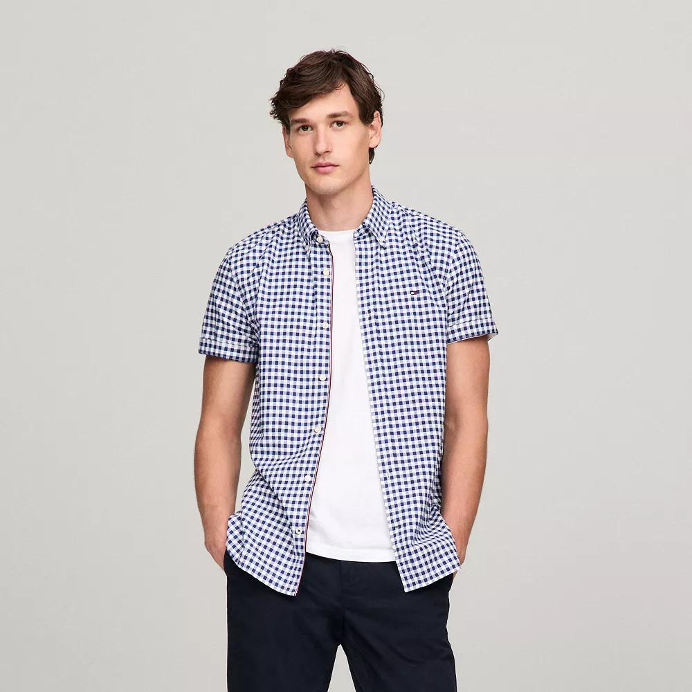 Men's Tommy Hilfiger Stretch Oxford Short Sleeve Shirt, Size: XL, Blue Check Product Image