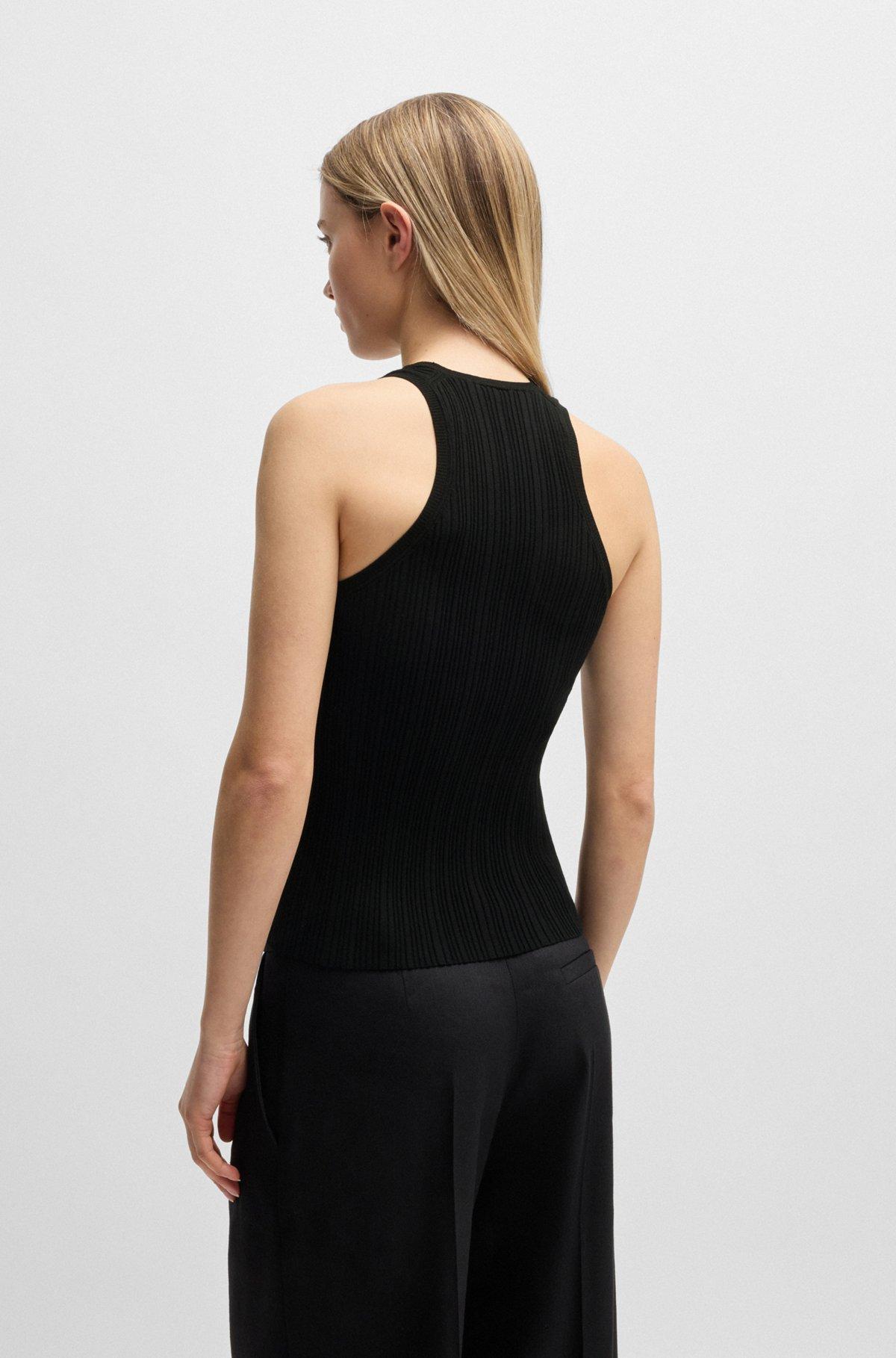 HUGO - Sleeveless racer-back top in ribbed crepe fabric - Black Product Image