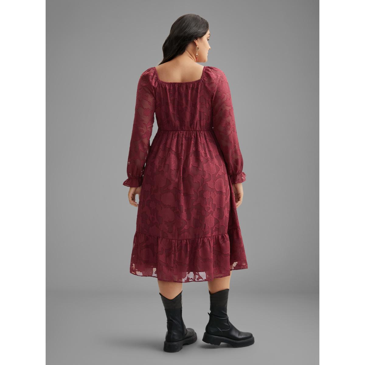 Plus Size Jacquard Texture Square Neck Midi Dress Burgundy Women Elegant Texture Party Curvy Bloomchic 22-24/3X Product Image