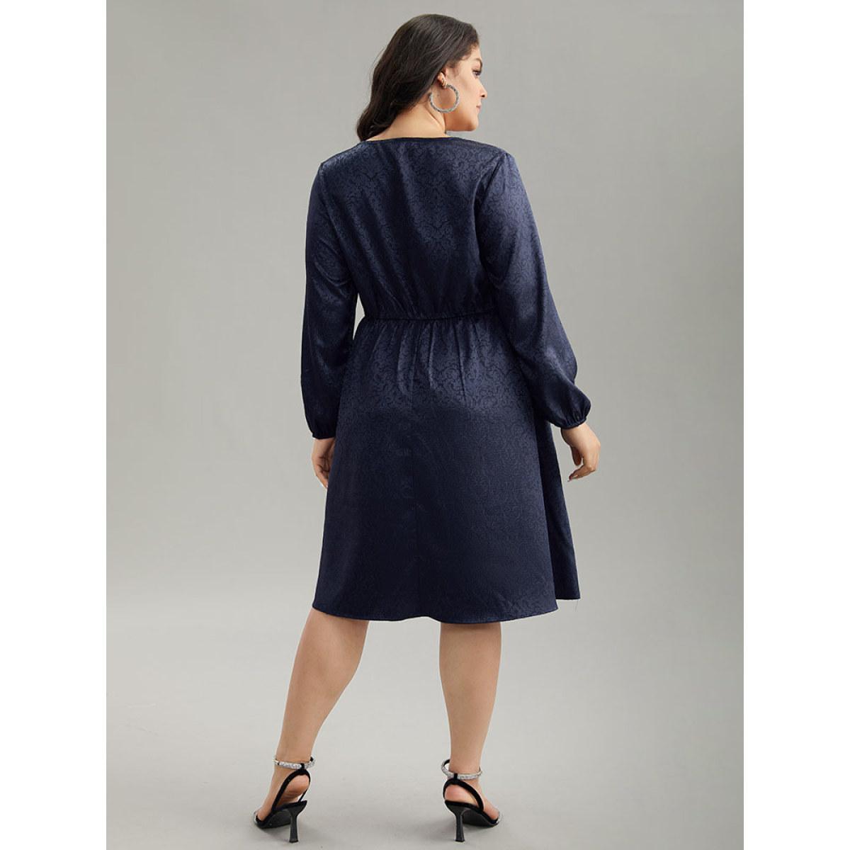Plus Size Plain Textured Notched Lantern Sleeve Dress Indigo Women Glamour Elastic cuffs Notched collar Long Sleeve Curvy Knee Dress BloomChic 14-16/1X Product Image