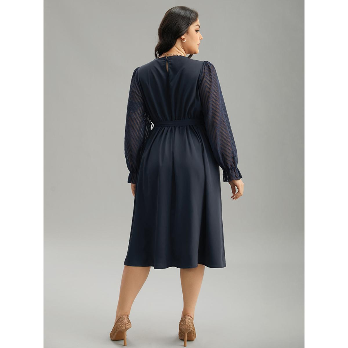 Plus Size Twill Mesh Patchwork Belted Plicated Detail Dress DarkBlue Women Elegant Texture Mock Neck Long Sleeve Curvy Midi Dress BloomChic 22-24/3X Product Image