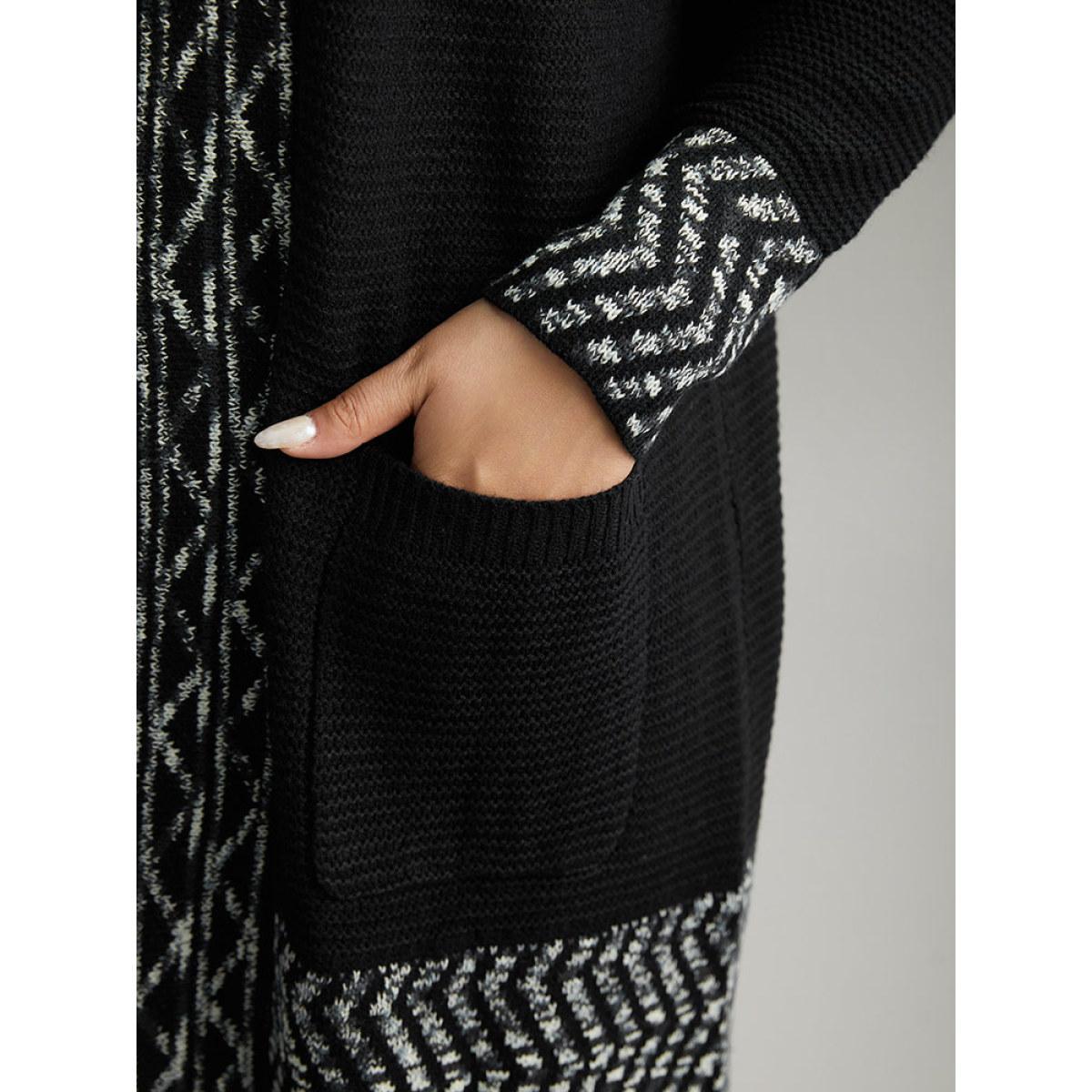 Plus Size Bandana Trim Patched Pocket Cardigan Black Women Casual Loose Long Sleeve Everyday Cardigans BloomChic 18-20/2X Product Image