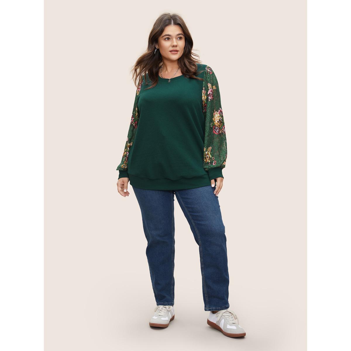 Plus Size Crochet Lace Floral Print Round Neck Sweatshirt Women DarkGreen Elegant Non Round Neck Everyday Sweatshirts BloomChic 30/6X Product Image