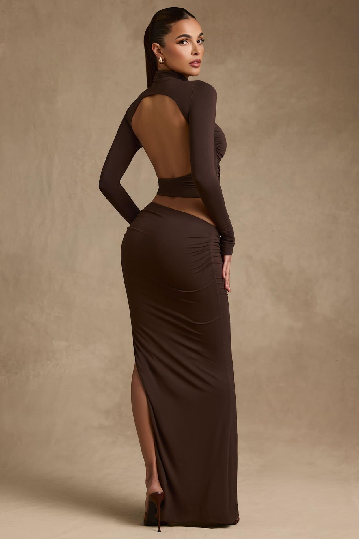 Modal Ruched Backless Turtleneck Top in Chocolate Brown Product Image