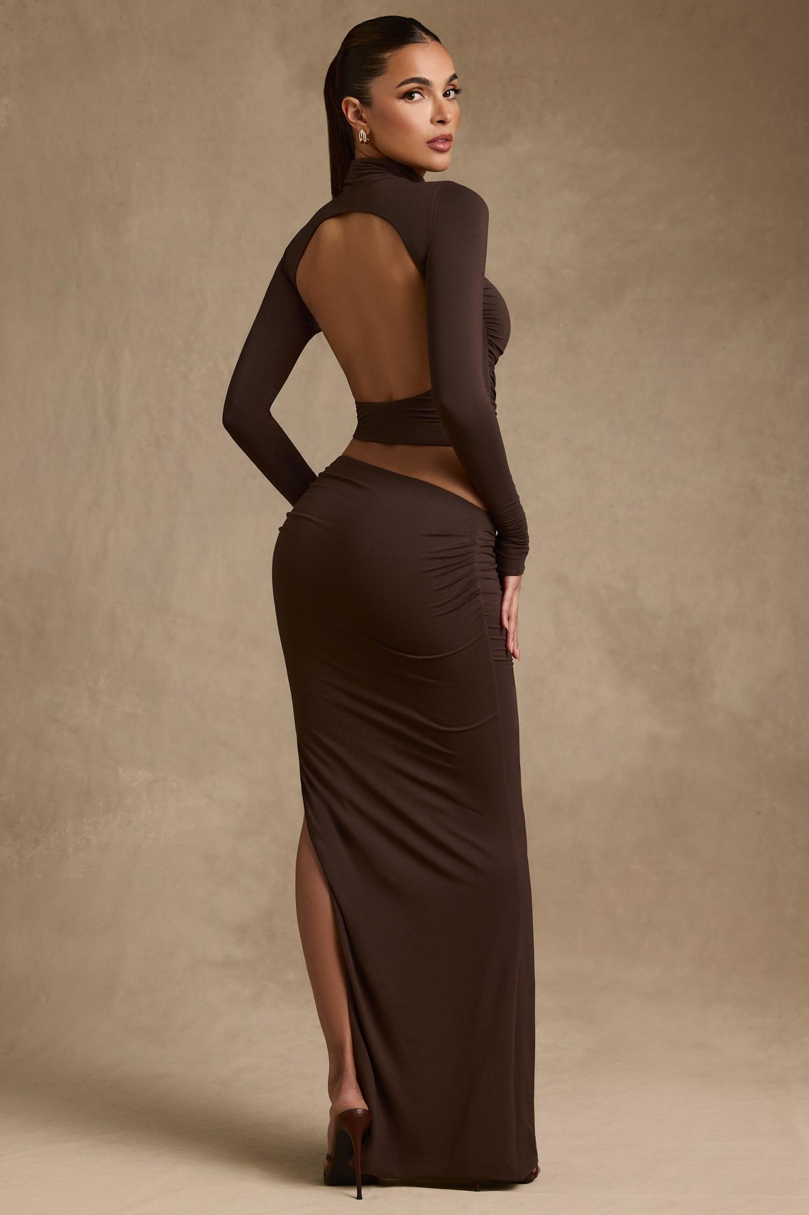 Modal Ruched Backless Turtleneck Top in Chocolate Brown Product Image
