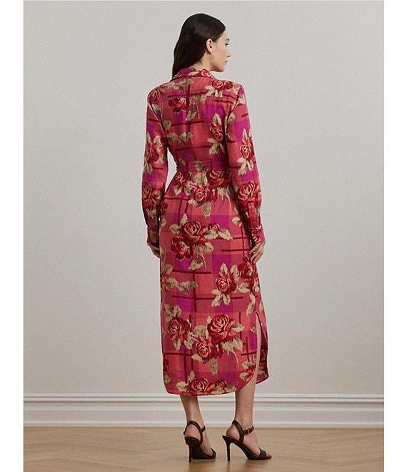 Lauren Ralph Lauren Linen Floral Print Checked Belted Point Collar Shirt Maxi Dress Product Image