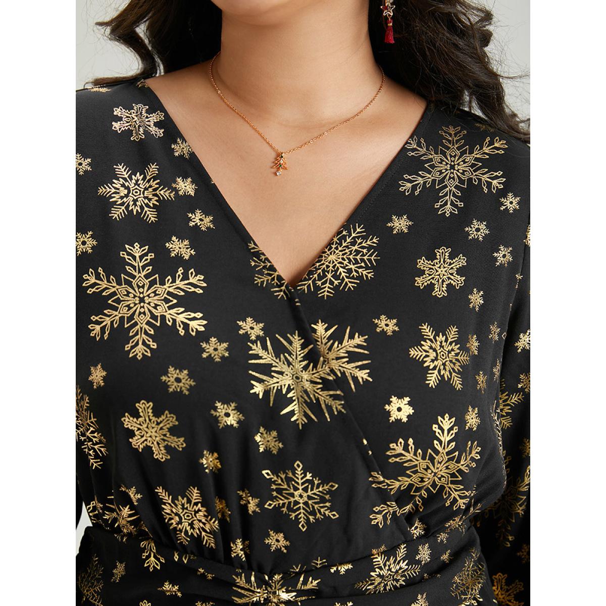 Plus Size Black Glitter Snowflake Elastic Waist Ruched Wrap Blouse Women Cocktail Long Sleeve Overlap Collar Party Blouses BloomChic 14-16/1X Product Image