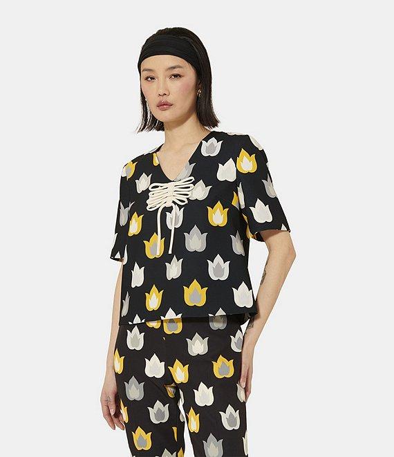 Tara Jarmon Thylane Woven V-Neck Short Sleeve Faux Lacing Detail Top Product Image