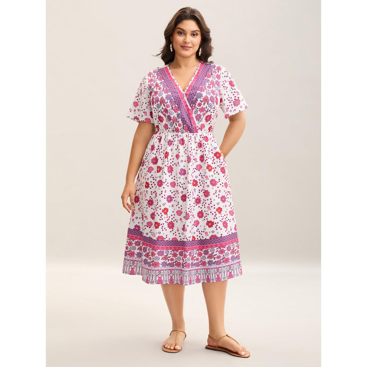 Plus Size Spring Floral Printed Surplice Neck Midi Dress Lilac Women Overlap Collar Short sleeve Curvy BloomChic 28/5X Product Image