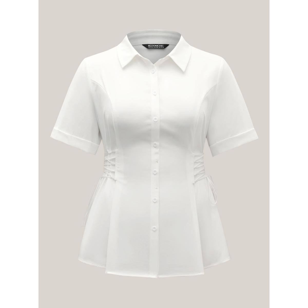 Plus Size Originalwhite Adjustable Waist Button Placket Solid Blouse Women Short sleeve Shirt collar Work Blouses BloomChic 14-16/1X Product Image