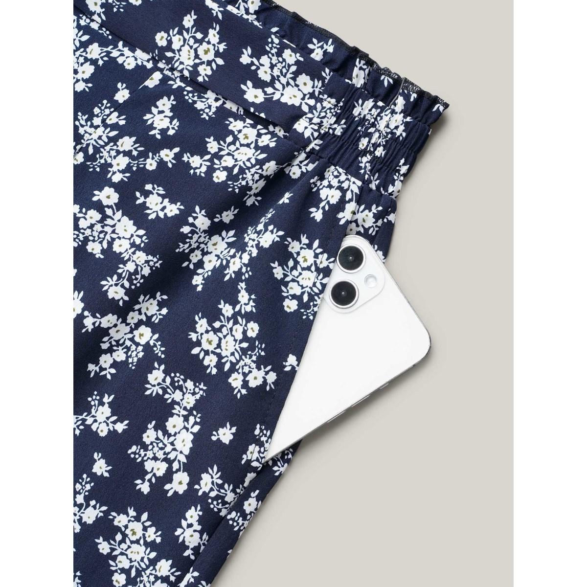 Plus Size Floral Print Waist Stretchy Wide Leg Pants Women Indigo Leisure Wide Leg Mid Rise Casual Pants BloomChic 10/M Product Image