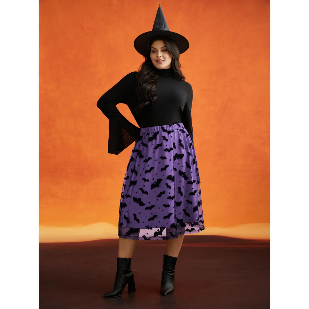 Plus Size Bat Motif A-Line Midi Skirt Women Brightorange Elegant Low stretch Everyday Skirts BloomChic 26/4X Product Image