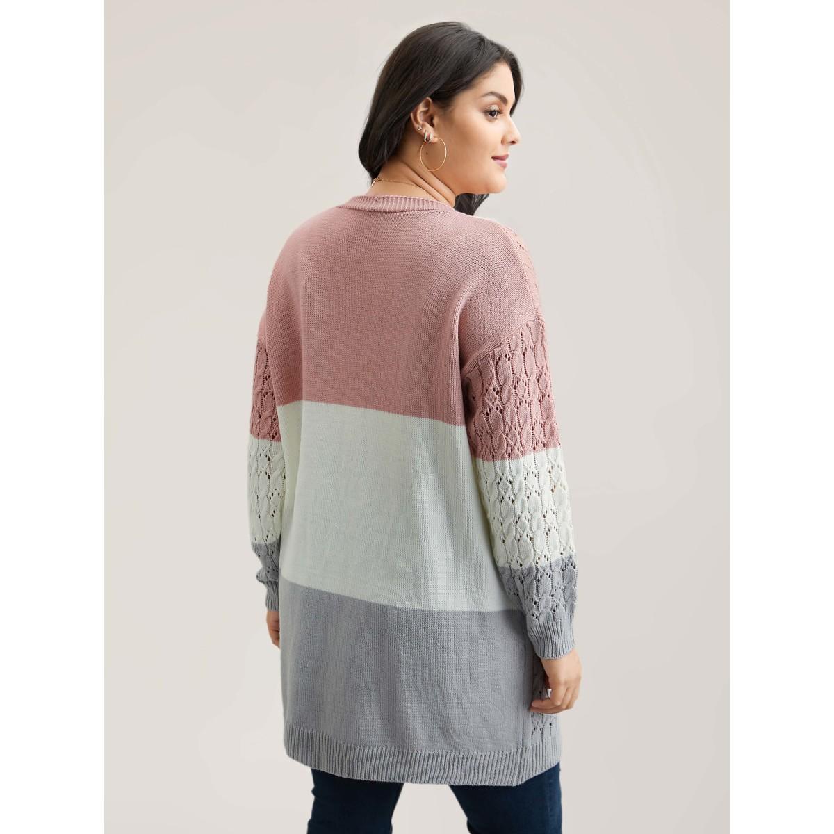 Plus Size Cable Knot Color-Block Open-Front Cardigan Crepe Women Casual Loose Long Sleeve Everyday Cardigans BloomChic 10/M Product Image