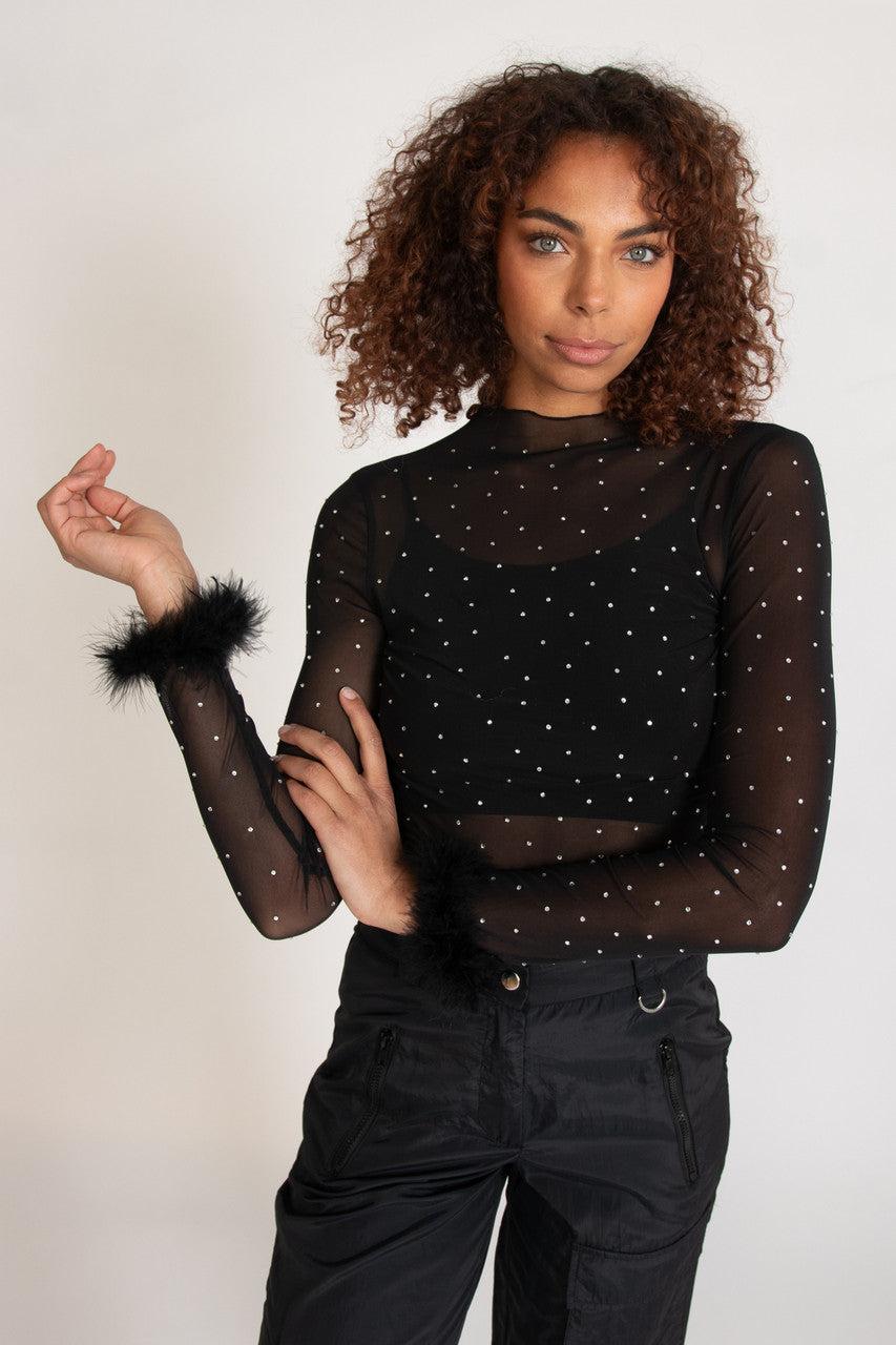 Long Sleeve Fur Trim Rhinestone Mesh Top Product Image