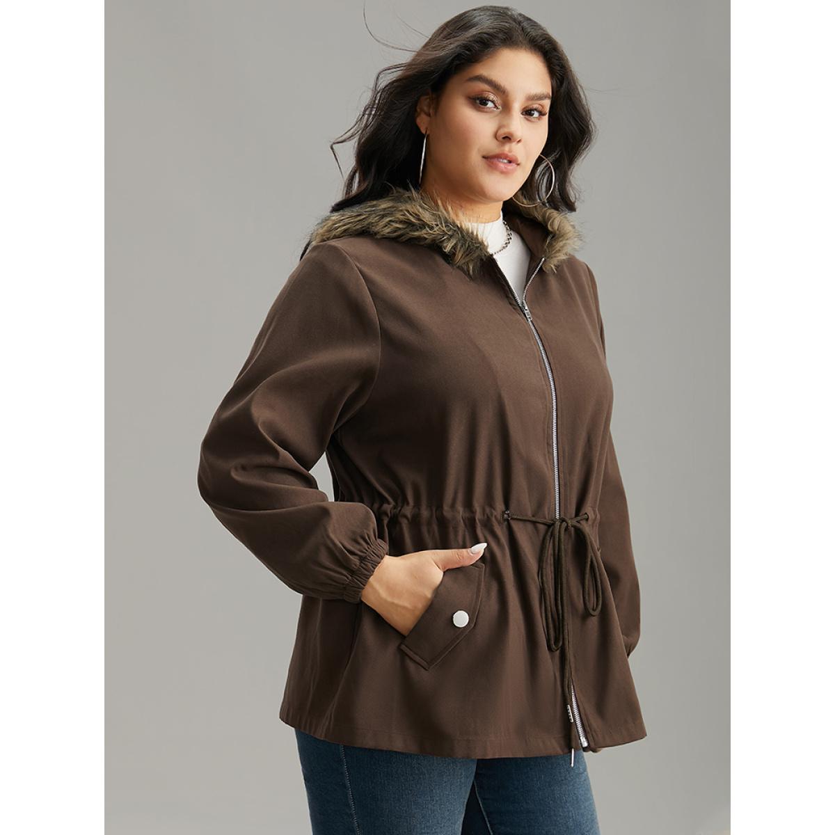 Plus Size Fuzzy Trim Patchwork Zipper Drawstring Buckle Detail Jacket Women DarkBrown Elastic cuffs Pocket Dailywear Jackets BloomChic 14-16/1X Product Image