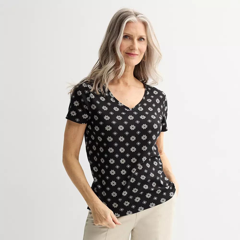 Women's Croft & Barrow® Essential V-Neck Tee, Size: Small, Black Mini Geo Product Image