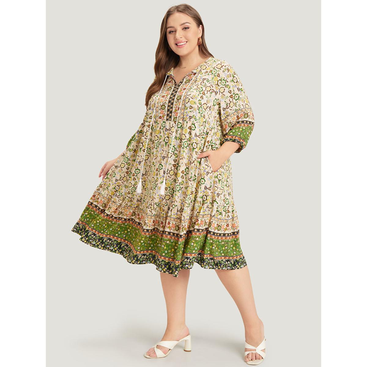 Plus Size Bandana Tassels Ties Neck Pocket Ruffle Hem Dress Green Women Vacation Tassels Tie Neck Elbow-length sleeve Curvy Midi Dress BloomChic 10/M Product Image