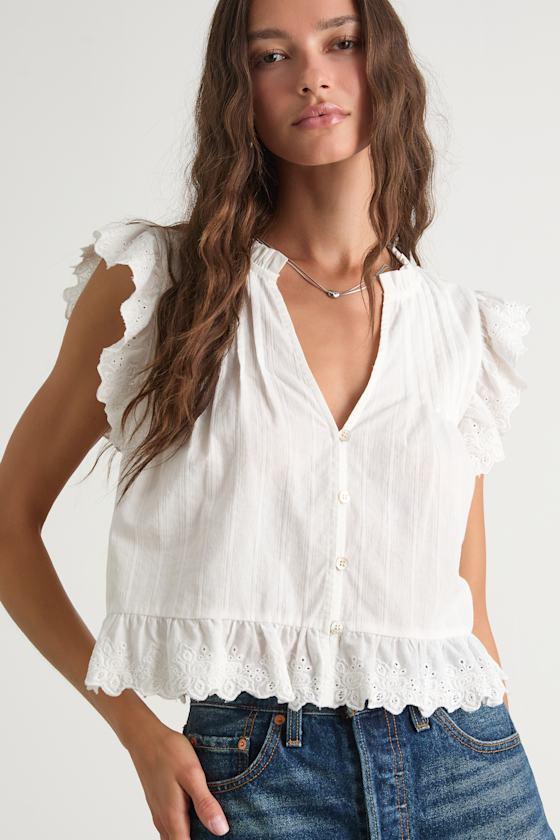 Annabelle Ivory Pleated Cotton Button-Up Top Product Image