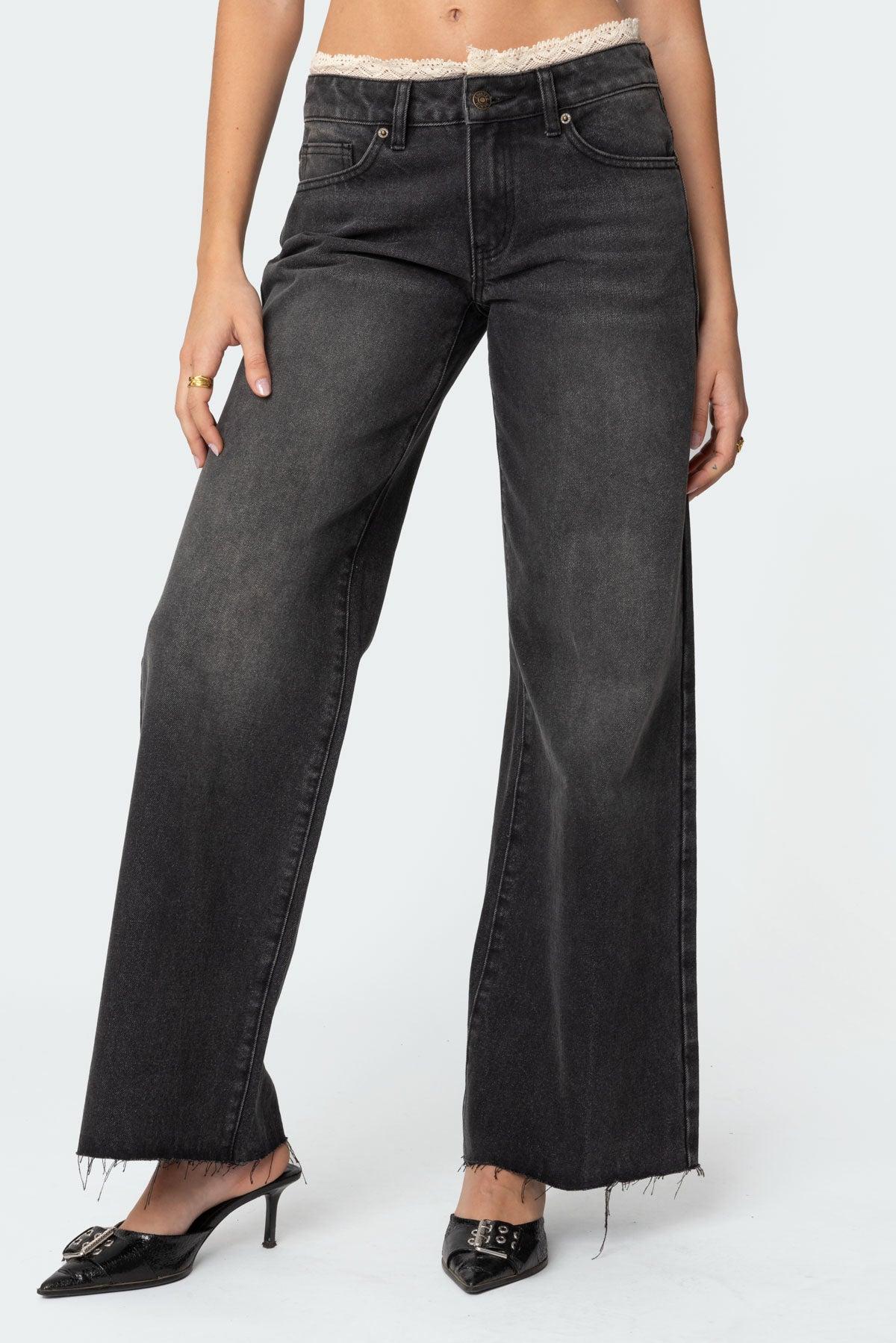 Karlie Peekaboo Lace Low Rise Baggy Jeans Product Image