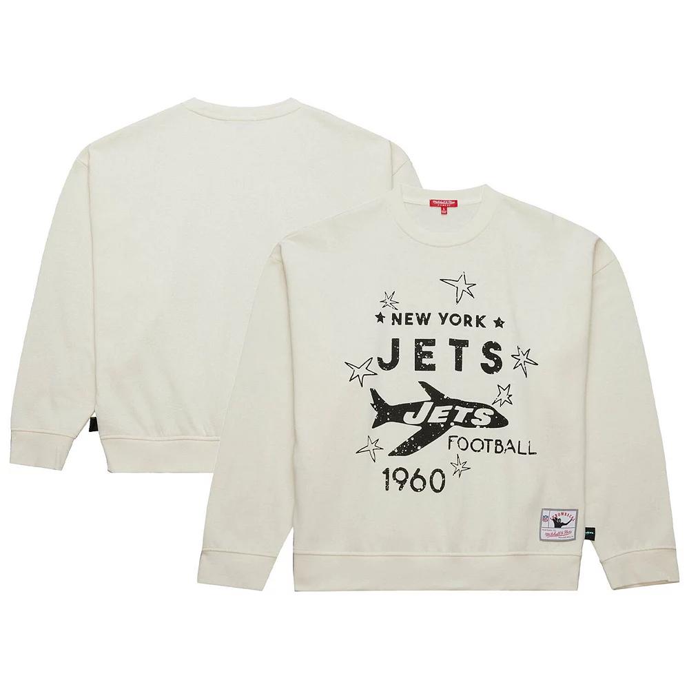 Women's Mitchell & Ness Cream New York Jets Throwback Logo 3.0 Pullover Sweatshirt,  Product Image