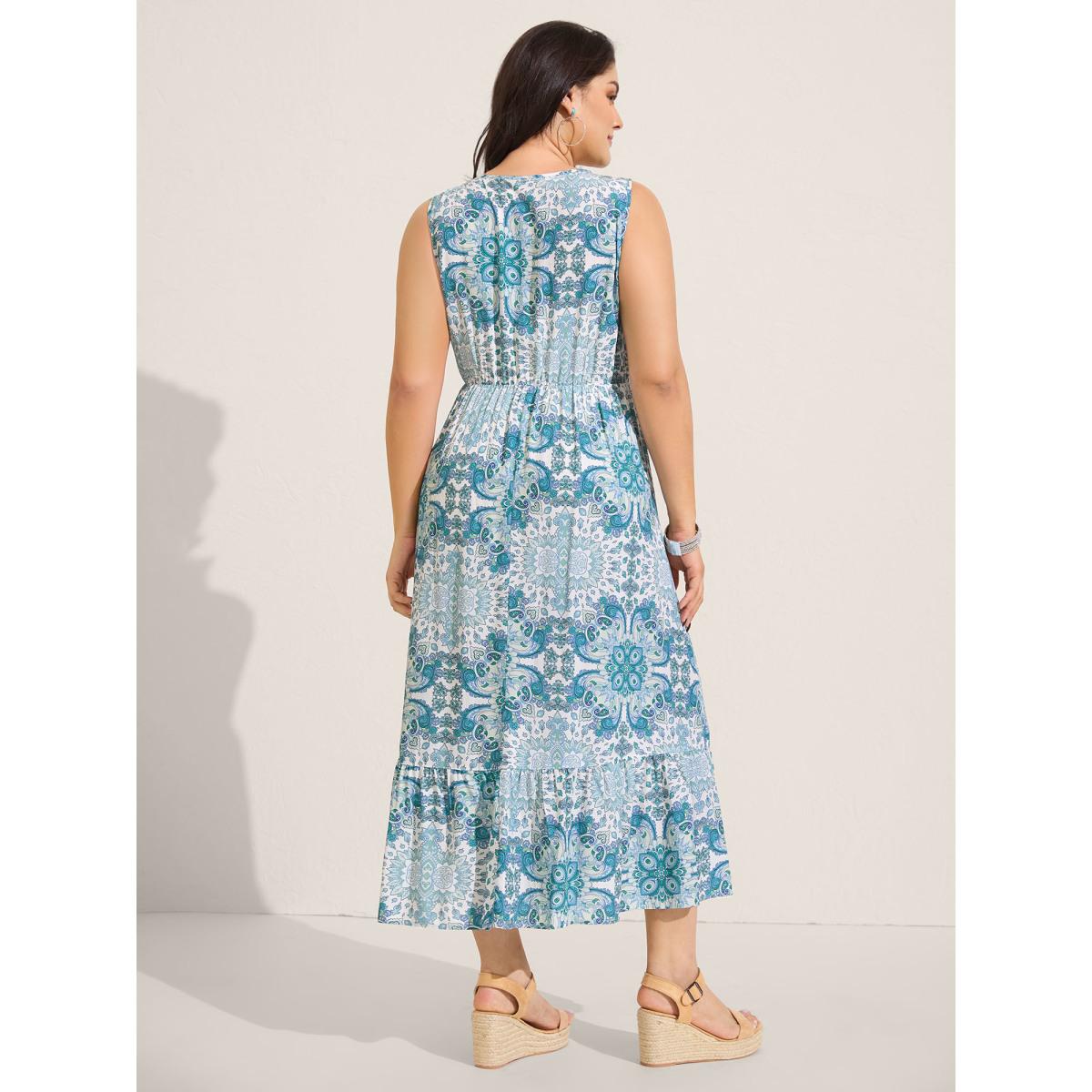 Plus Size Rayon Paisley Print Layered Midi Dress Arctic Women Boho Round Neck Sleeveless Curvy BloomChic 12/L Product Image