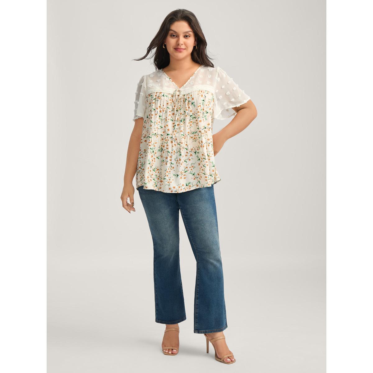 Plus Size Beige Floral Print Lace Sheer Sleeve Blouse Women Romantic Short sleeve V-neck Elegant Blouses BloomChic 30/6X Product Image