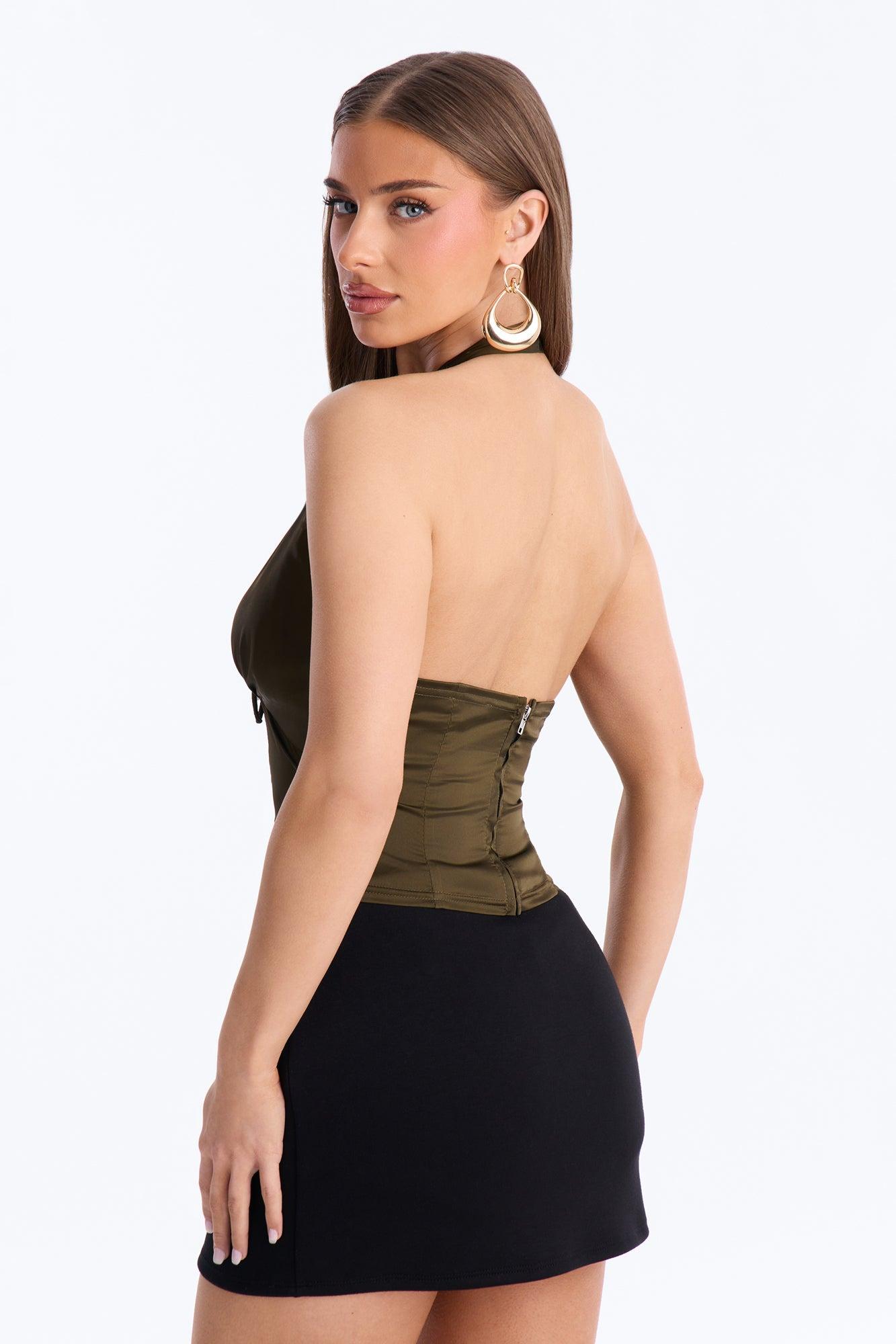 Midnight Mischief Tie Front Satin Halter Top - Dark Olive Female Product Image