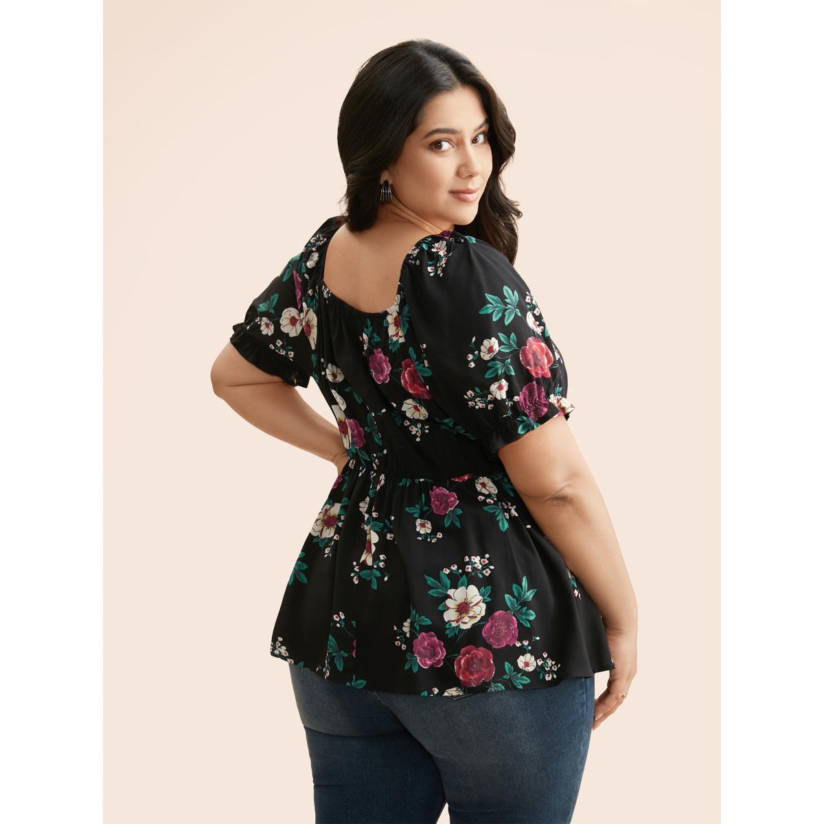 Plus Size Black Floral Print Square Neck Gathered Puff Sleeve Blouse Women Elegant Short sleeve Heart neckline Dailywear Blouses BloomChic 12/L Product Image