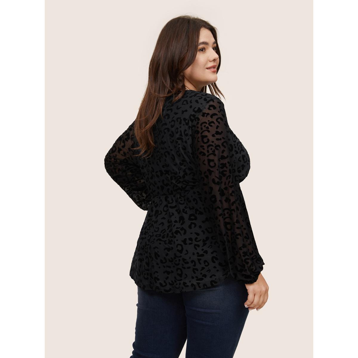 Plus Size Black Leopard Flocking Mesh Patchwork Wrap Blouse Women Glamour Long Sleeve V-neck Going out Blouses BloomChic 14-16/1X Product Image