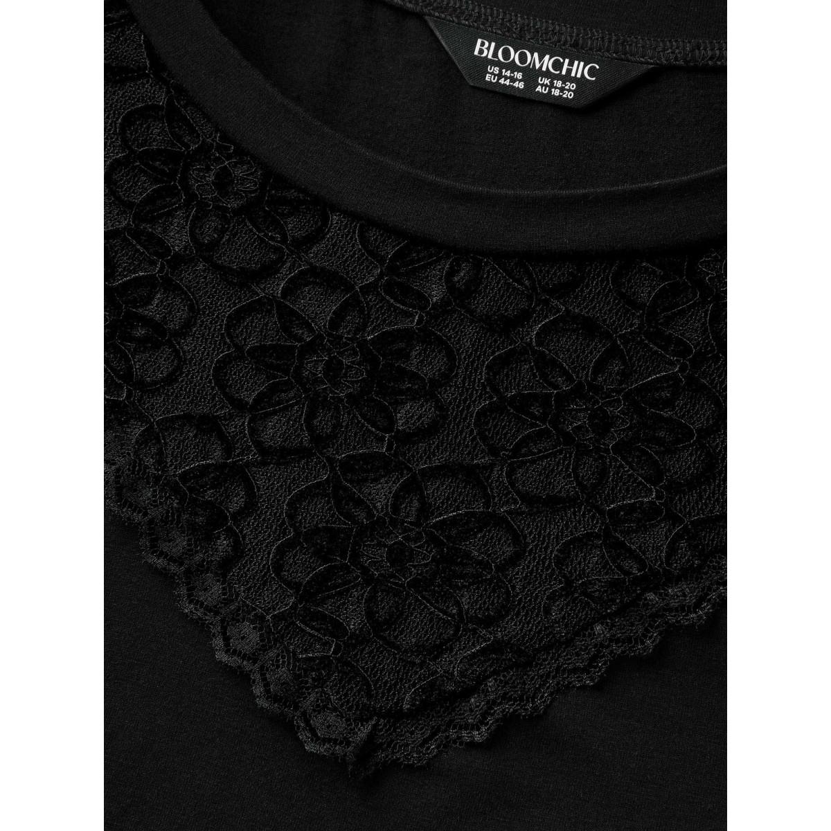 Plus Size Lace Neck Flowy Sleeve Solid T-Shirt Black Women Round Neck Vacation T-shirts BloomChic 28/5X Product Image