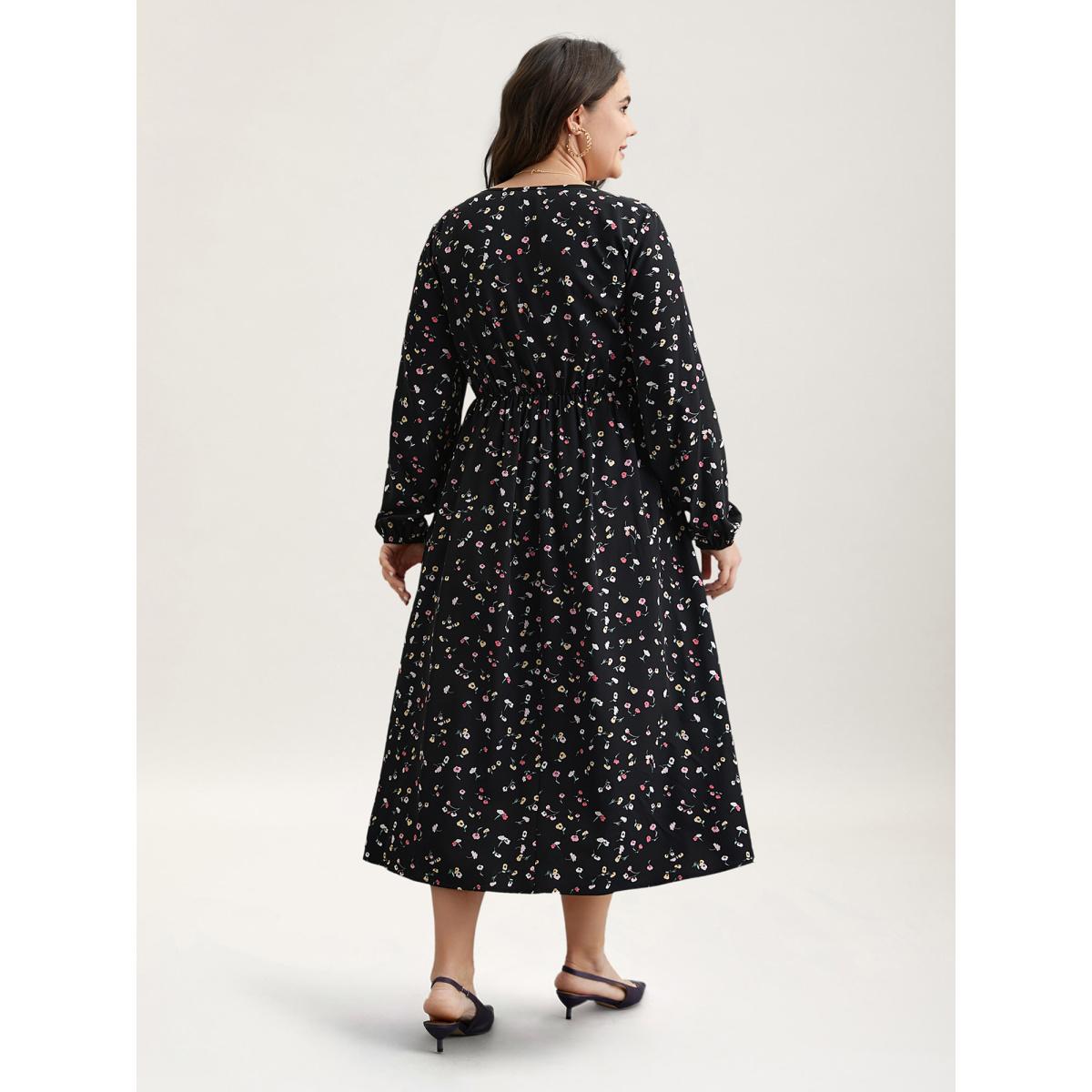 Plus Size Floral Print V-Neck Waist-Defined Midi Dress BlackFlower Women Timeless Non V-neck Long Sleeve Curvy BloomChic 18-20/2X Product Image
