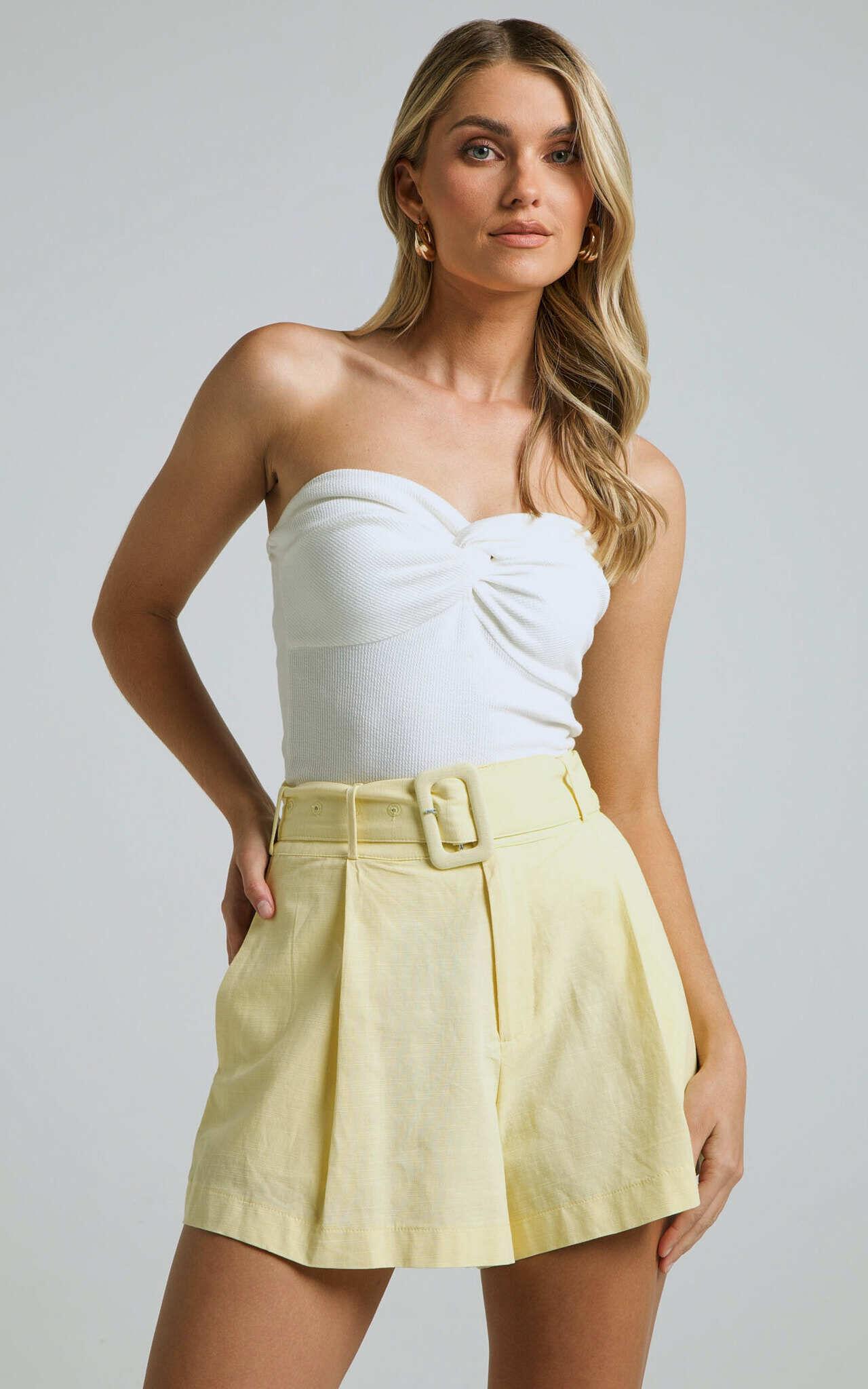 Seraphine Shorts - Linen High Waisted Belted Shorts in Lemon Product Image