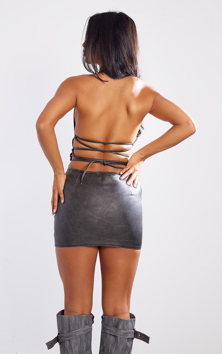 Washed Black Faux Leather Zip Front Halterneck Corset Product Image