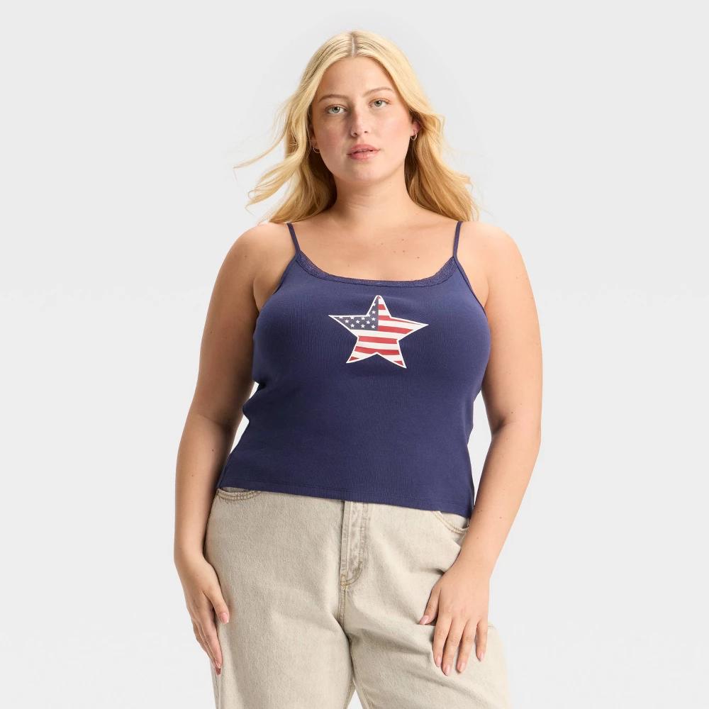Women's Star Flag Graphic Tank Top with Lace Trim - Navy Blue Product Image