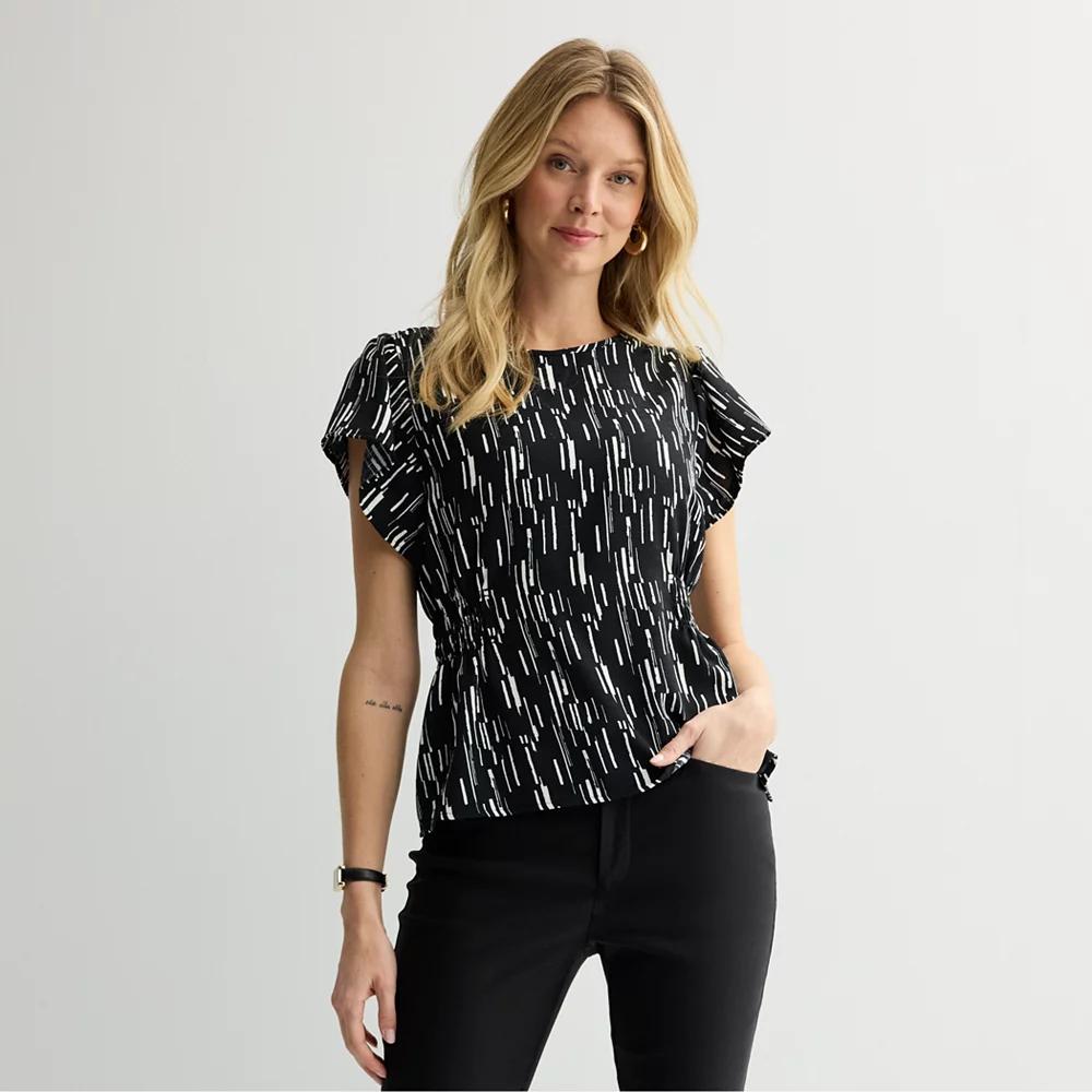 Petite Nine West Cinched Flutter Sleeve Blouse, Women's, Size: Large Petite, Black Bolder Stripes Product Image