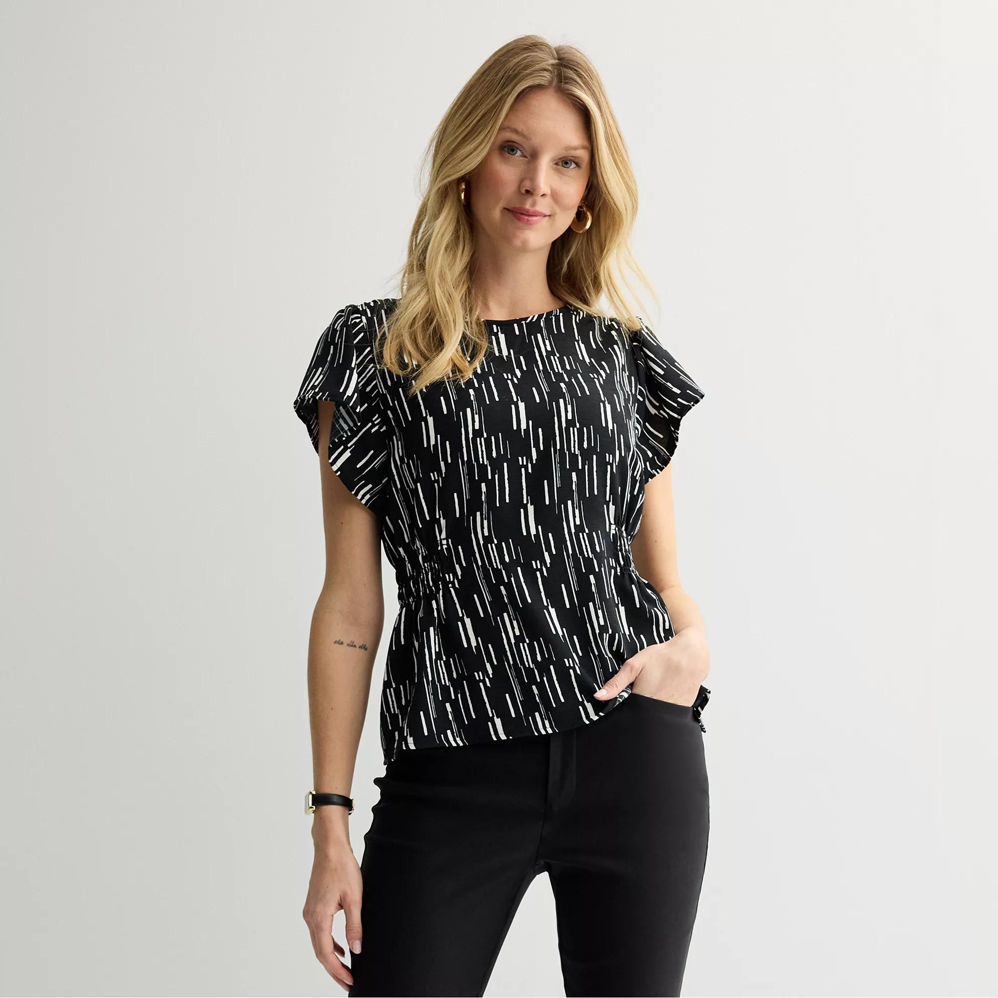 Petite Nine West Cinched Flutter Sleeve Blouse, Women's, Size: Large Petite, Black Bolder Stripes Product Image