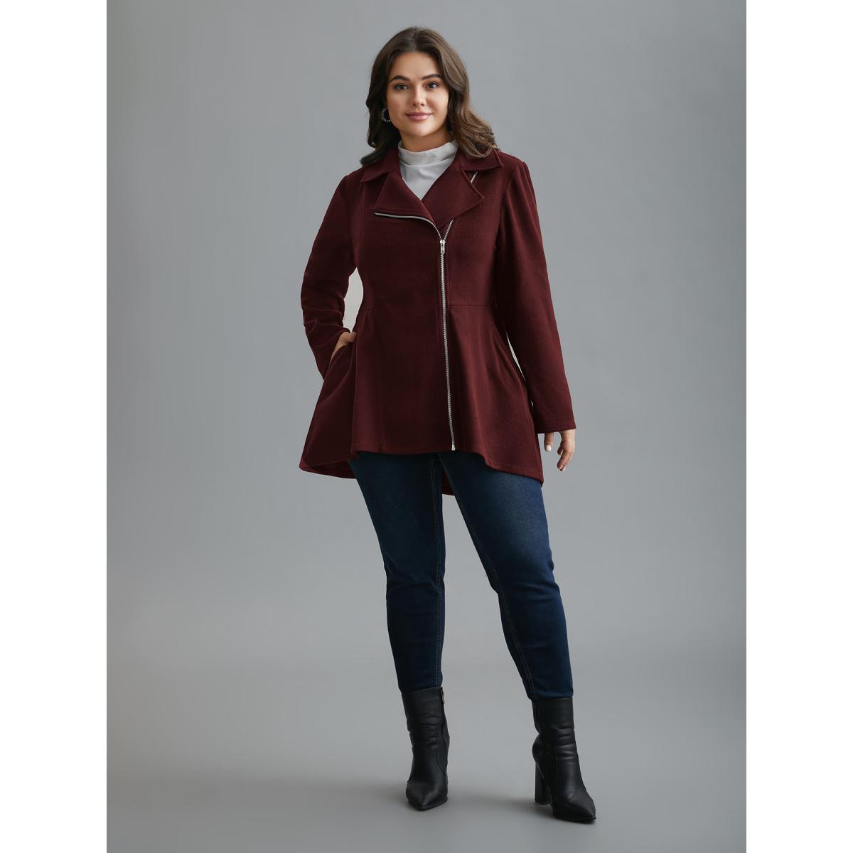 Plus Size Curved Hem Zipper Placket Pockets Coat Women Burgundy Elegant Non Bodycon Ladies Everyday Winter Coats BloomChic 12/L Product Image