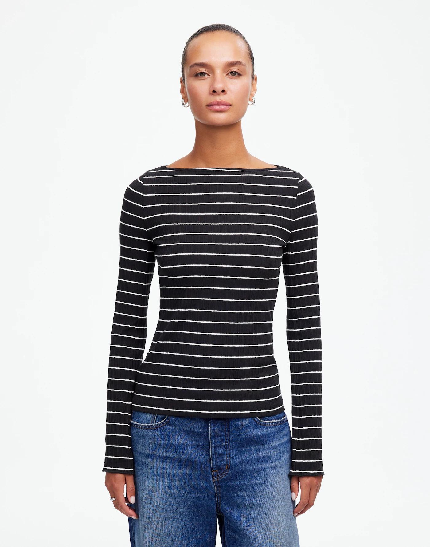 Ribbed Long-Sleeve Boatneck Top in Stripe Product Image