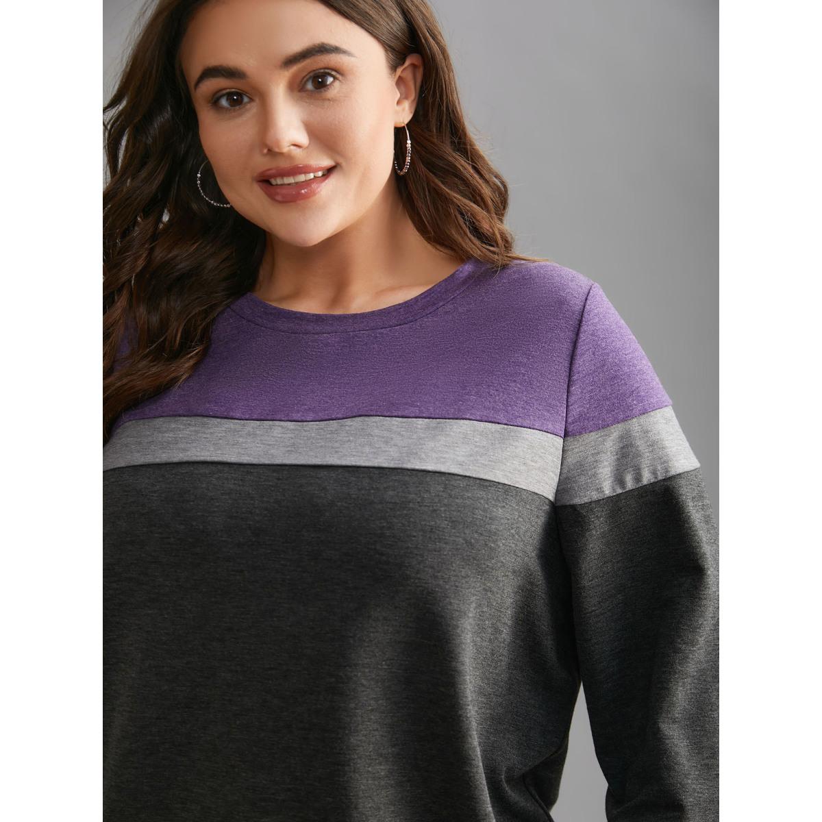 Plus Size Colorblock Contrast Round Neck Sweatshirt Women DimGray Casual Contrast Loose Round Neck Everyday Sweatshirts BloomChic 18-20/2X Product Image